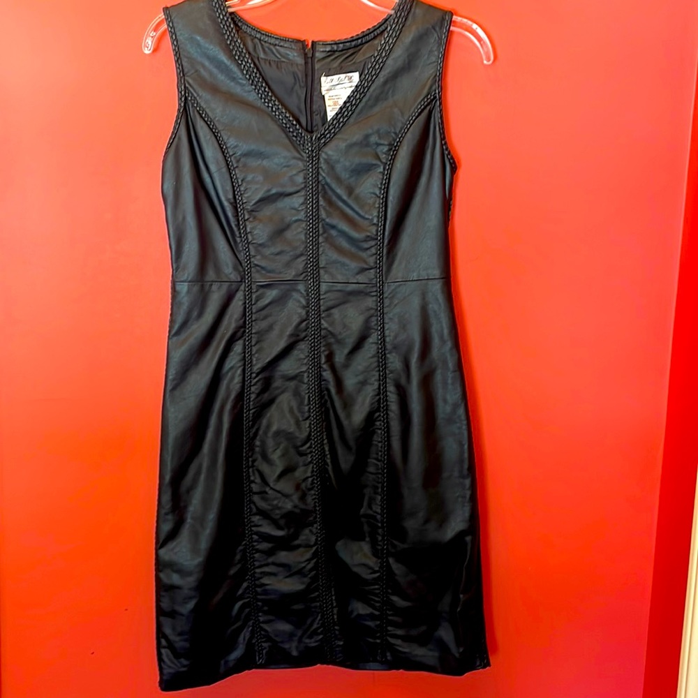 Max Studio black faux leather sleeveless dress with braided border, size S